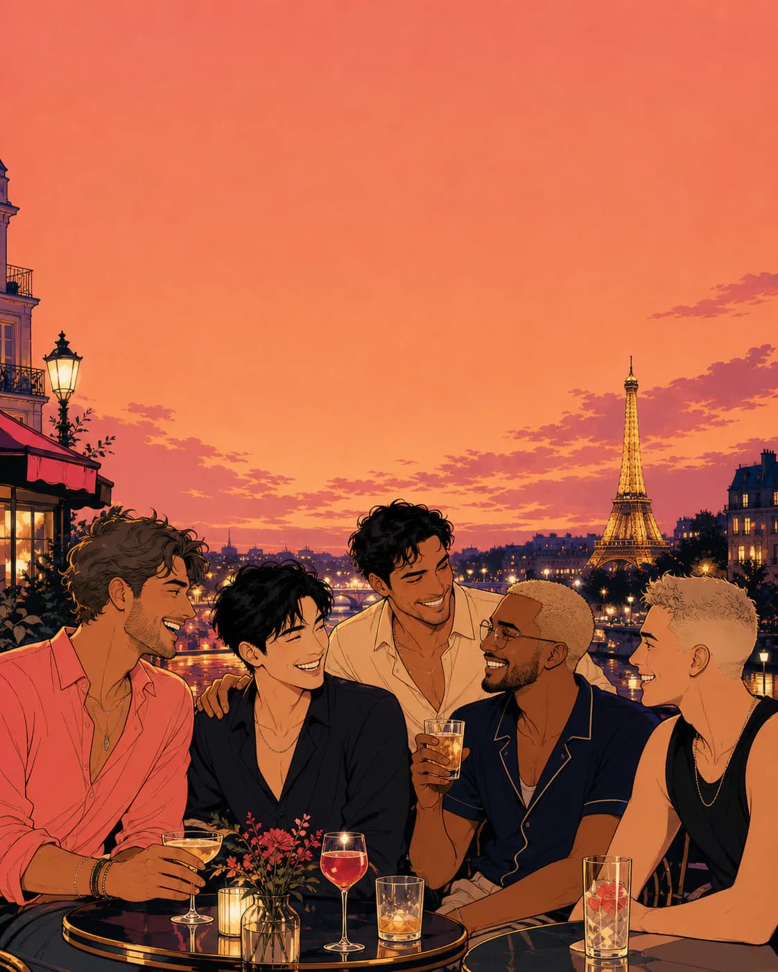 Illustration d’hommes adultes qui se retrouvent autour d’un verre en terrasse.